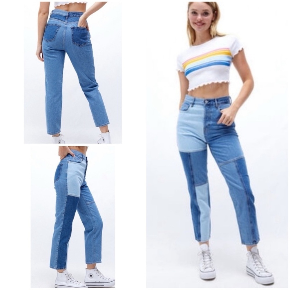 PACSUN Eco Two-Tone Patchwork Blue High Waisted Straight Leg Jeans - Picture 3 of 13